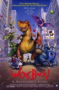 the movie poster for we're back, featuring dinosaurs and other characters in an urban setting