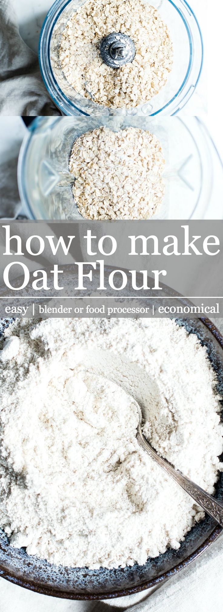 how to make oat flour in an old cast iron skillet with text overlay