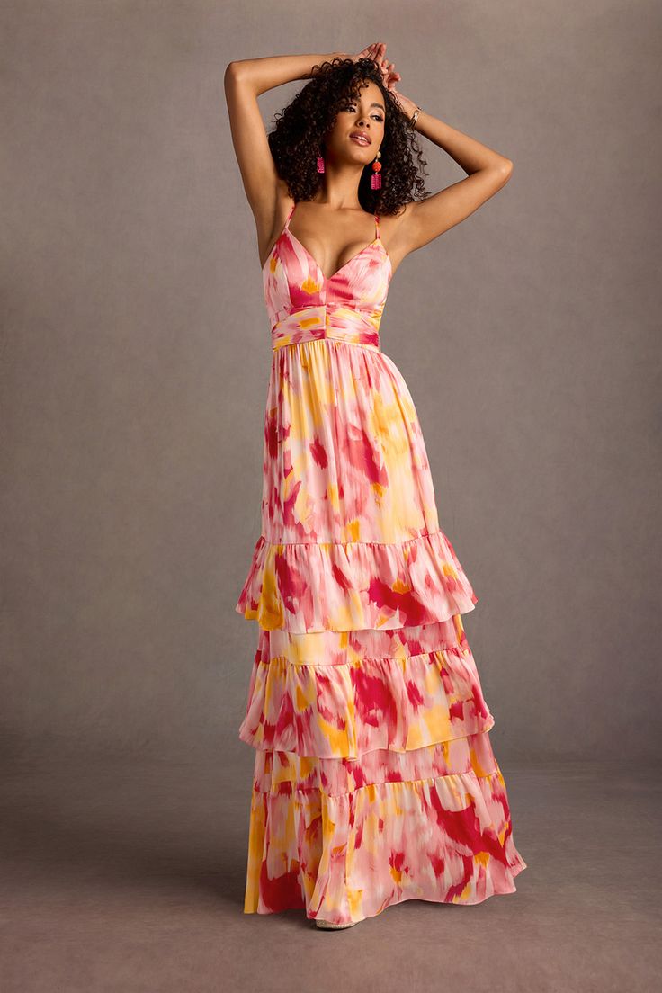 Our Lela Maxi Dress is crafted from a vibrant printed charmeuse fabric, combining a beautiful V-neckline and floor-length A-line ruffle skirt. Wear this beauty to your next formal day event, or wedding reception. Atelier Dress, Vampires Wife, Hoco Ideas, Formal Dress Code, Gala Ideas, Sunset Print, Social Dresses, Pink Sunset, Perfect Style