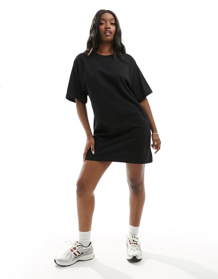 Dresses by ASOS DESIGN May cause compliments Plain design Crew neck Short sleeves Oversized fit Black T Shirt Dress Outfit, Oversized Tshirt Dress, Black Tshirt Dress, Tshirt Dress Outfit, Leggings Sale, Long Sleeve Floral Dress, Plain Design, Satin Slip Dress, Black Wrap Dress