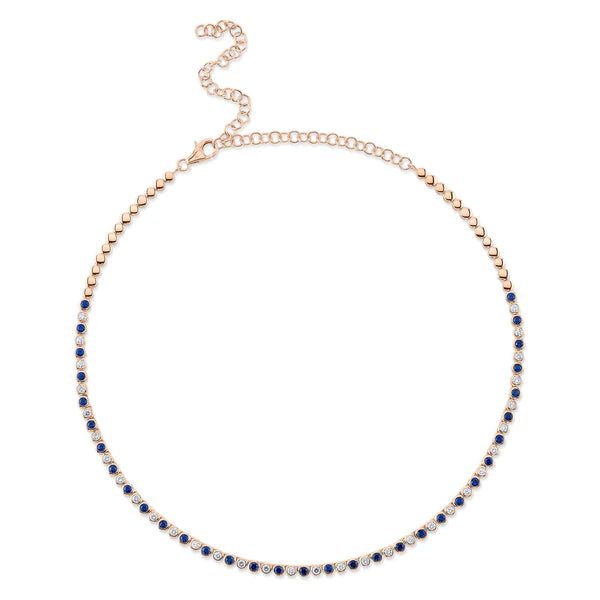 14K Gold Blue Sapphire Diamond Tennis Necklace Bezel Set Natural 3.35 TCW Model Number: SDL55025748WY Blue Round Fine Jewelry Necklace, Blue Gemstone Diamond Necklace In Fine Jewelry Style, Blue Gemstone Diamond Necklace, Fine Jewelry, Elegant Blue Tennis Necklace As A Gift, Elegant Blue Tennis Necklace As Gift, Elegant Blue Tennis Necklace For Gift, Formal Blue Necklaces With Sparkling Stones, Blue Cubic Zirconia Diamond Necklace Fine Jewelry, Blue Cubic Zirconia Necklace, Fine Jewelry Style