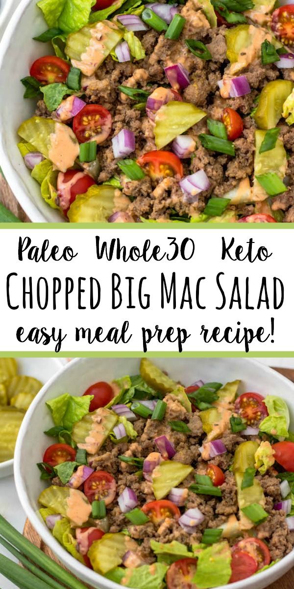 two pictures with the words pale whole keto chopped big mac salad, and an image of