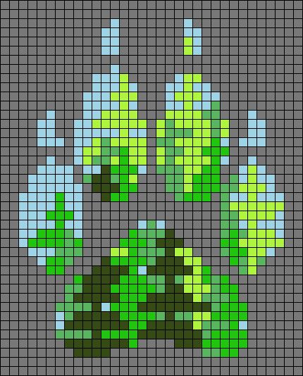 a cross stitch pattern with green flowers on grey background and blue sky in the background