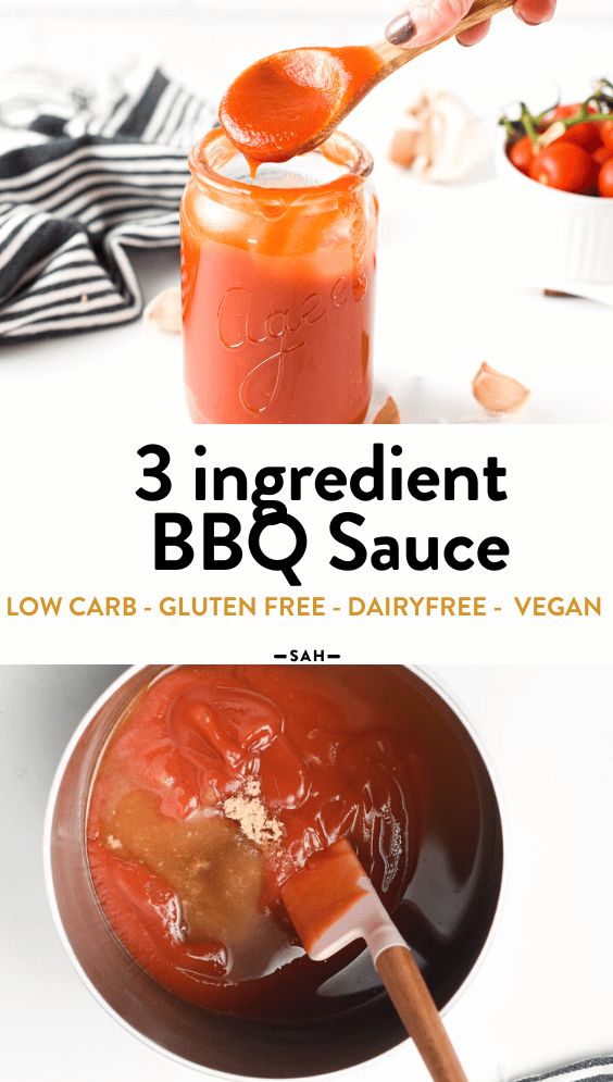 3 ingredient bbq sauce in a glass jar with a wooden spoon