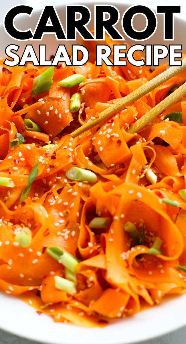 carrot salad recipe in a white bowl with chopsticks