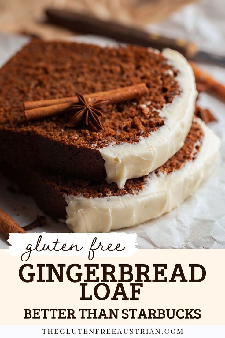 two slices of gluten free gingerbread loaf on top of each other with cinnamon sticks