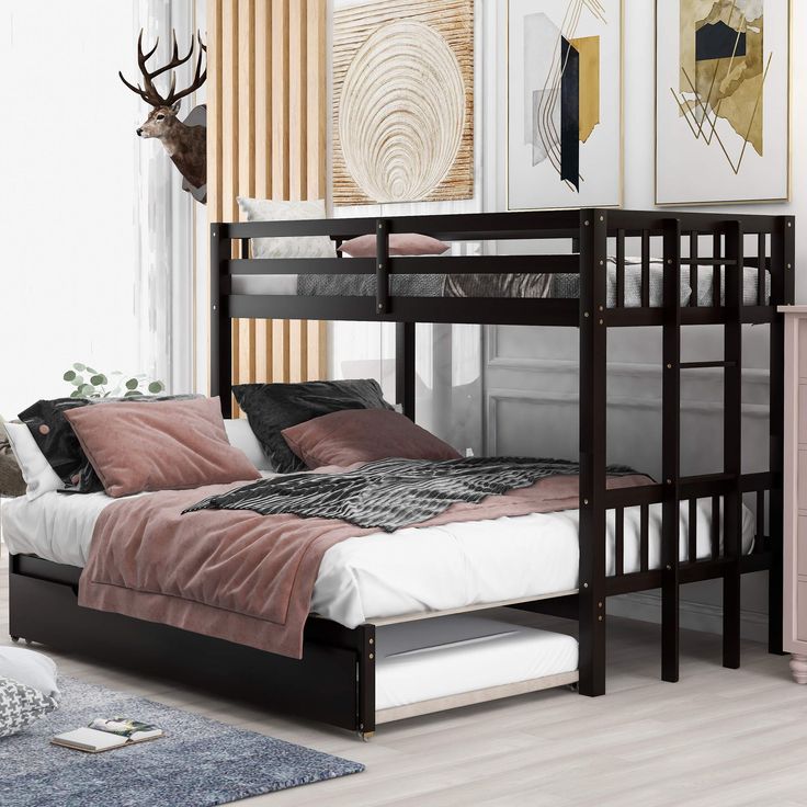 a bedroom with a bunk bed, dresser and rug