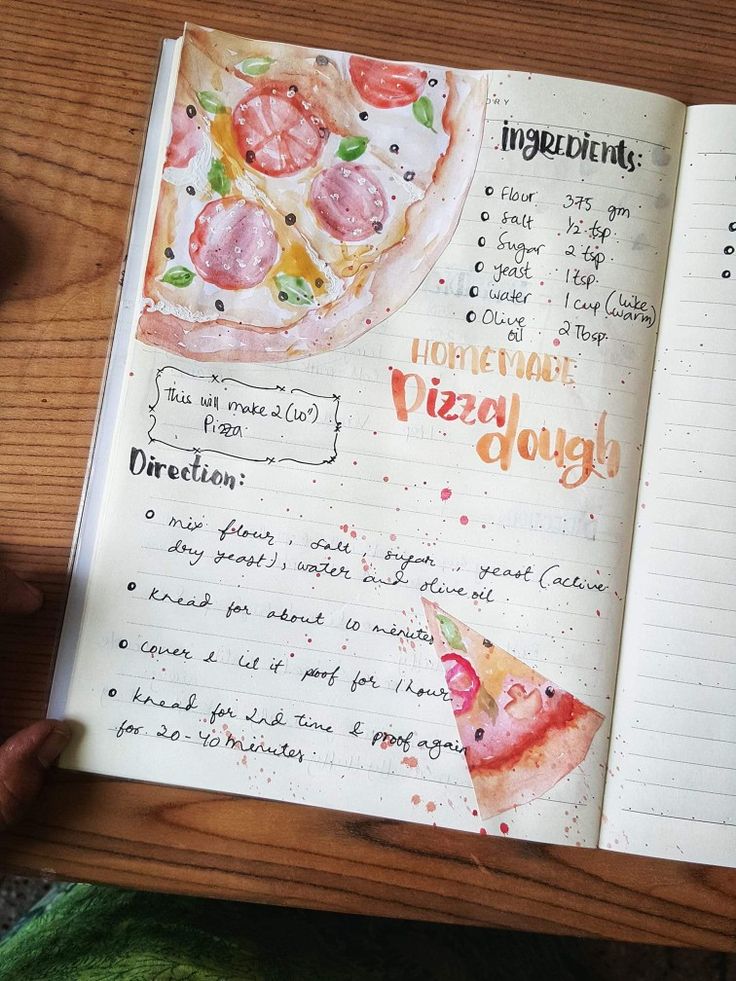 an open notebook with watercolor pizza on it and writing in cursive ink