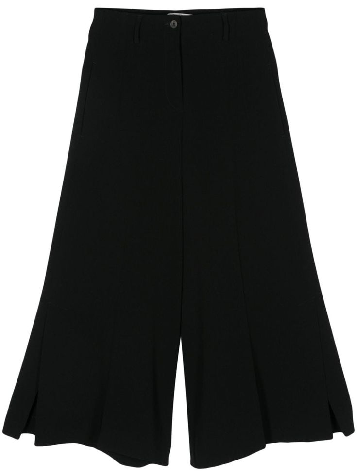 black belt loops two side slit pockets pressed crease side slits wide leg cropped leg two rear welt pockets concealed fly and button fastening Cropped Palazzo Pants, Black Palazzo Pants, Palazzo Pants, Pants Black, Black Belt, Welt Pockets, Bottoms Pants, Black Pants, Wide Leg Pants