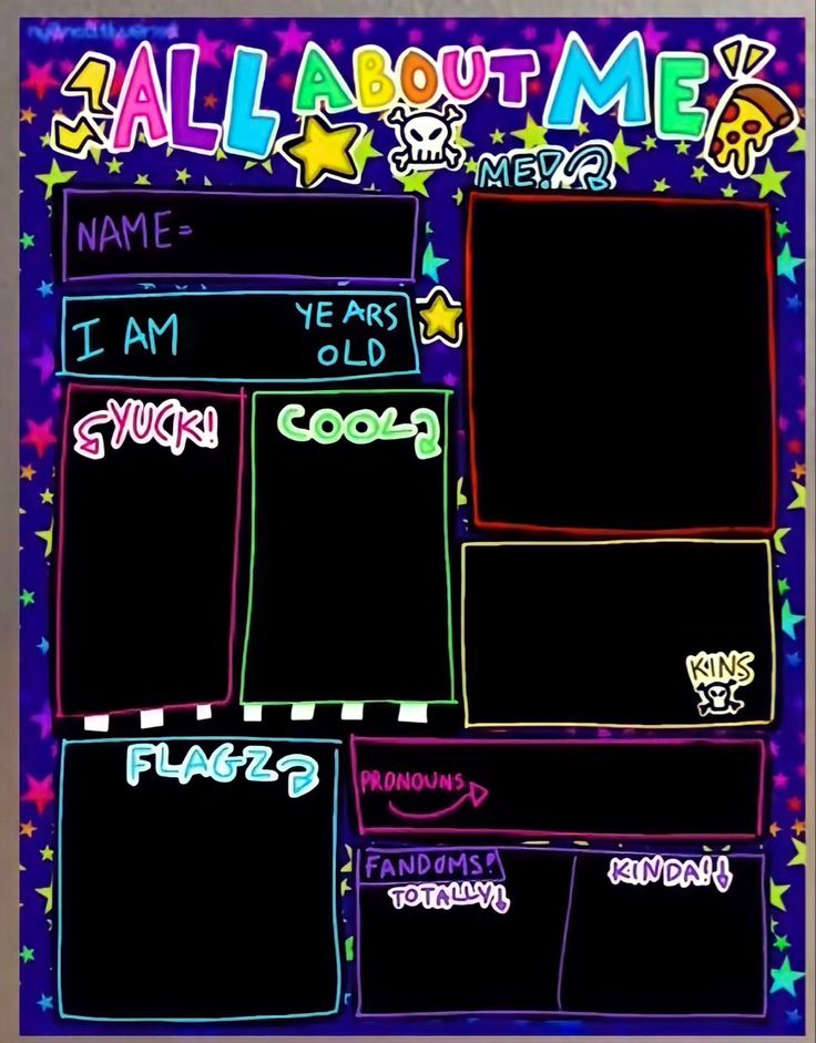 a chalkboard with all about me written on it and stars around the edges,