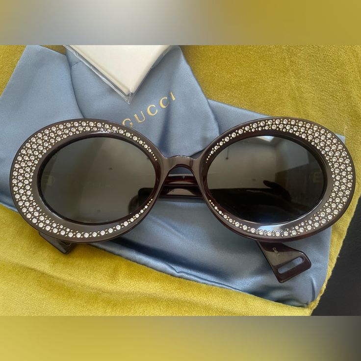 Never Worn! Dark Brown Frame With Swarovski Crystals Designer Party Sunglasses With Glass Lenses, Gucci Party Sunglasses With Glass Lenses, Luxury Gucci Sunglasses For Evening, Swarovski Sunglasses, Brown Frame, Gucci Accessories, Colored Sunglasses, Eye Glasses, Sunglasses Accessories