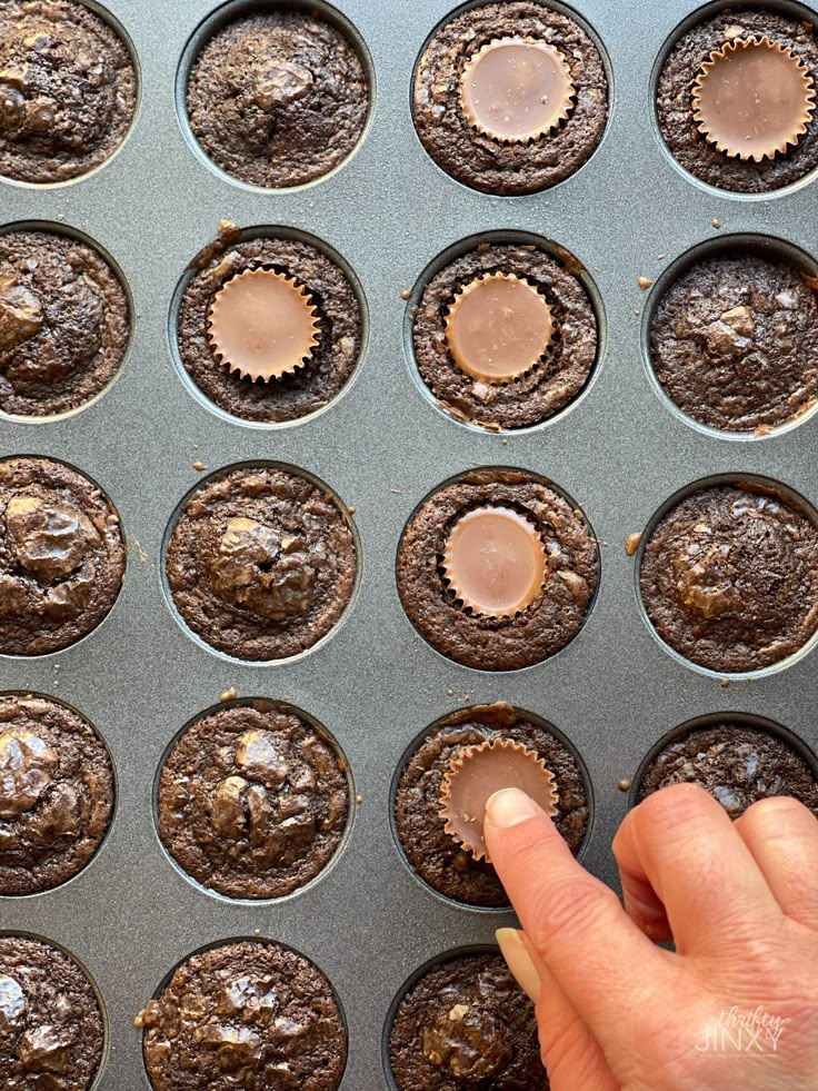 a hand pointing at chocolate cupcakes in a muffin tin