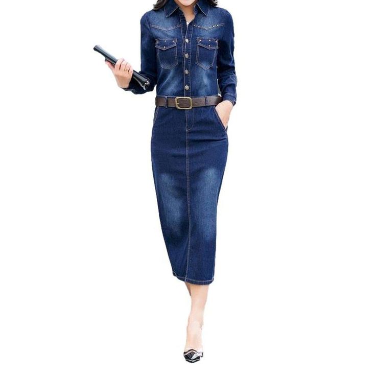 Womens Denim Jumpsuit, Long Denim Dress, Dresses For Women Casual, Autumn Dresses, Vintage Denim Dress, Monochrome Pattern, Jean Pants, Long Jeans, Dark Blue Color