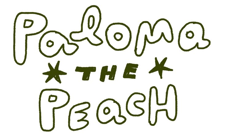 the words pompo and the peach are drawn in green ink