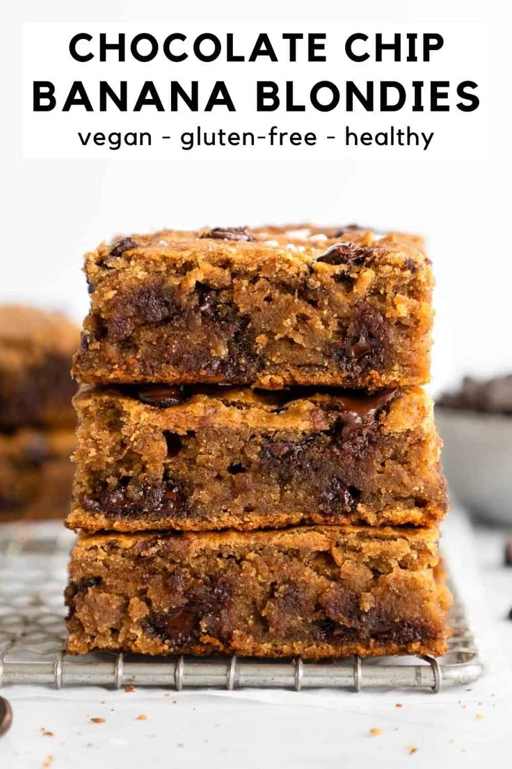 chocolate chip banana blondies stacked on top of each other with the text overlay