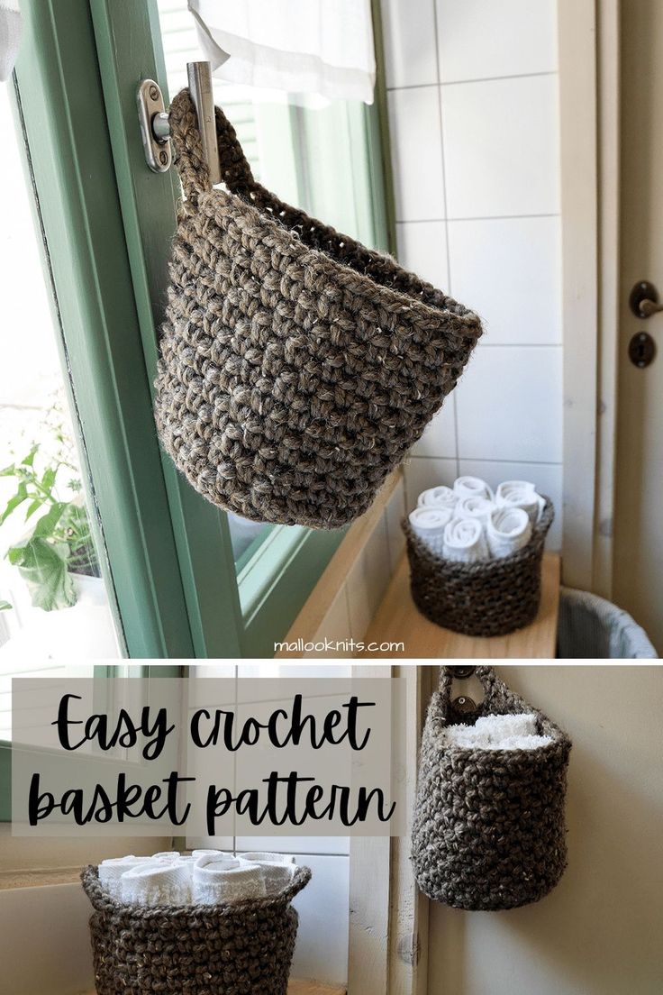 two baskets hanging from the side of a door with towels in them, and one is made out of crochet