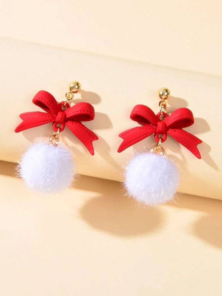 Christmas Bow & Pom Pom Drop Earrings | SHEIN USA Golden Poppy, Shein Accessories, Christmas Jewelry Diy, Chic Winter Style, Pom Pom Earrings, Winter Earrings, Geometric Type, My Best Life, Christmas Characters