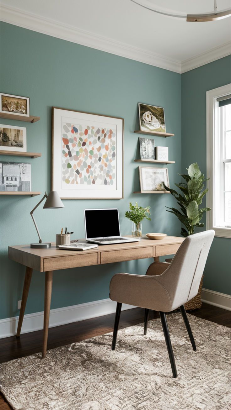 a desk with a laptop computer on top of it next to a chair and potted plant