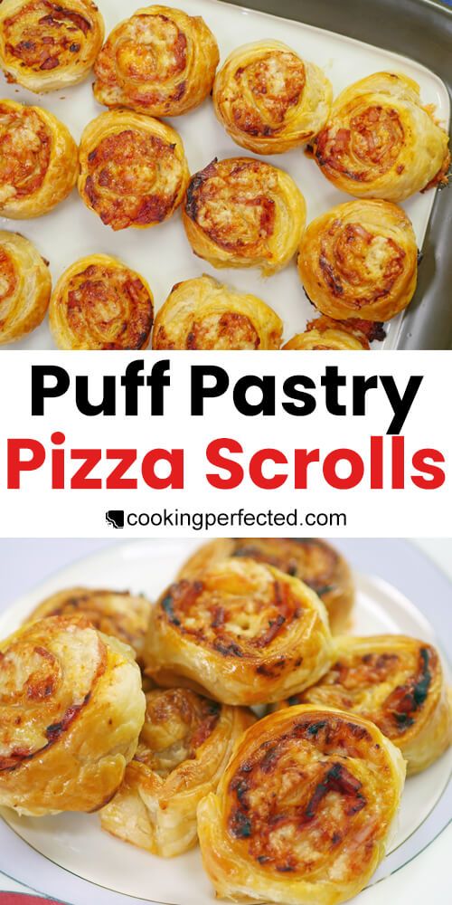 puff pastry pizza scrolls on a white plate and in a baking pan with text overlay