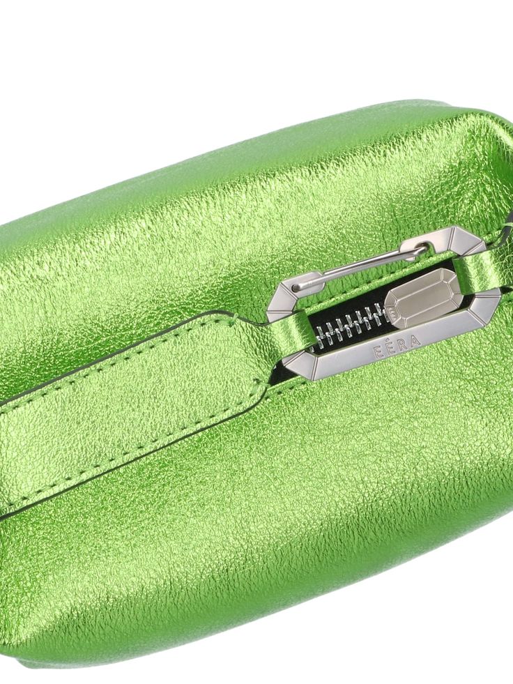 Eéra "Moon" handbag in green laminated leather, top handle, silver logo hook detail, zip closure, main inner compartment. Composition: 100% Leather Luxury Green Bag With Silver-tone Hardware, Green Shoulder Bag With Palladium Hardware, Green Luxury Shoulder Bag With Zipper Closure, Modern Green Shoulder Bag With Silver-tone Hardware, Designer Green Bag With Zipper Closure, Green Evening Shoulder Bag With Silver-tone Hardware, Evening Green Shoulder Bag With Silver-tone Hardware, Luxury Green Bag With Zipper Closure, Green Top Handle Shoulder Bag With Silver-tone Hardware