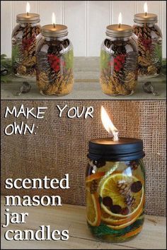 two mason jars with candles in them and the words, make your own scented mason jar candles