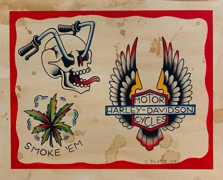 some old school tattoos on a piece of paper with the words motor harley - davidson cycles