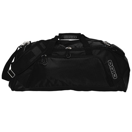 a large black duffel bag sitting on top of a white floor