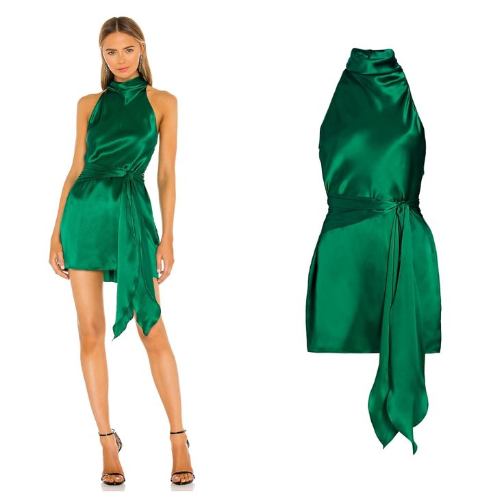 Luxe Silk Provides An Elegant Sheen To Amanda Uprichard's Sandrine Minidress. This Piece Is Designed With A Halterneck And An Accentuating Tie At The Waist. Halterneck Sleeveless Back Zip 100% Silk Dry Clean Made In Usa Size M, Nwt. Gorgeous Dress!! Fitted Green Silk Cocktail Dress, Green Satin Short Dress, Short Satin Dress, Silk Halter Dress, Amanda Uprichard Dress, Dress Date Night, Amanda Dress, Silk Shift Dress, Tulip Dress