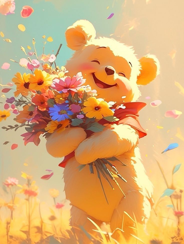 a cartoon bear holding a bouquet of flowers