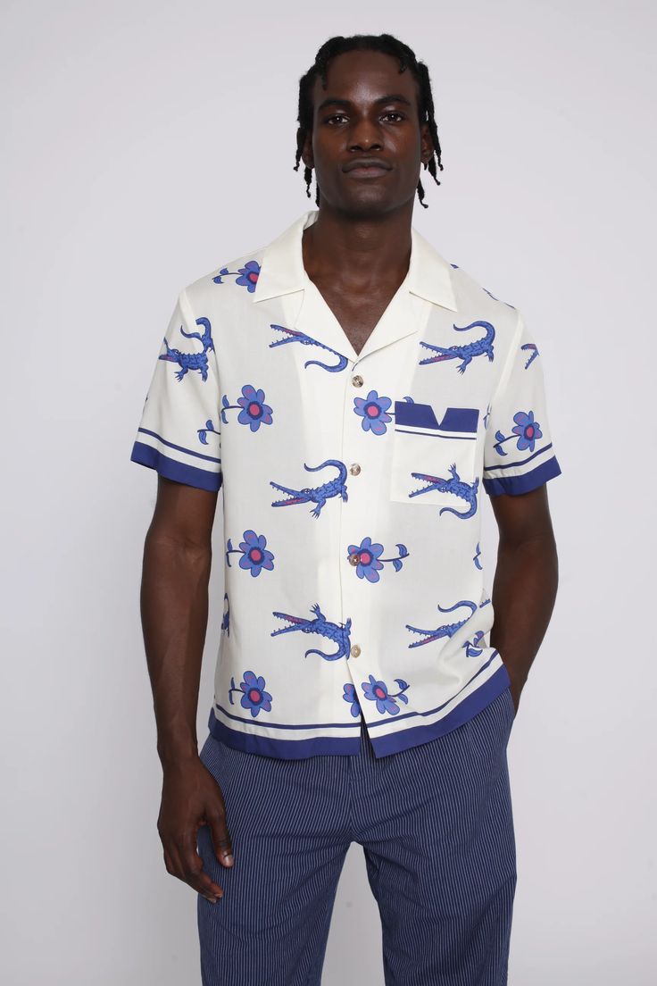 'Reptile Dysfunction' Shirt – Tombolo Company Flowers Dark, Tencel Fabric, Crocodiles, Shell Buttons, Brewing Company, Box Pleats, Model Pictures, Shirt And Pants, Repeating Patterns