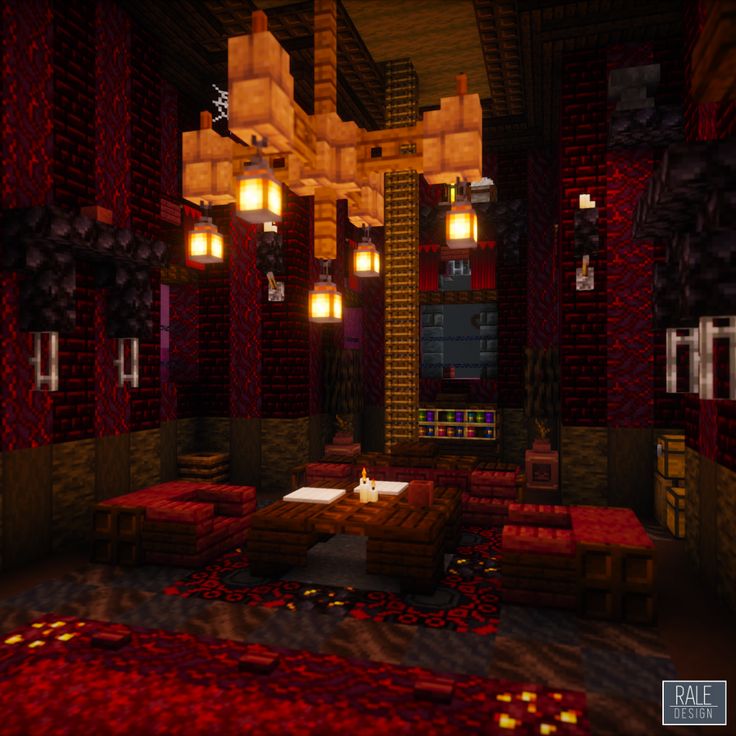 a living room with red couches and lights hanging from the ceiling in minecraft