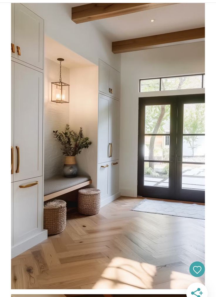 two pictures of the inside of a house with wood flooring and white walls, one has