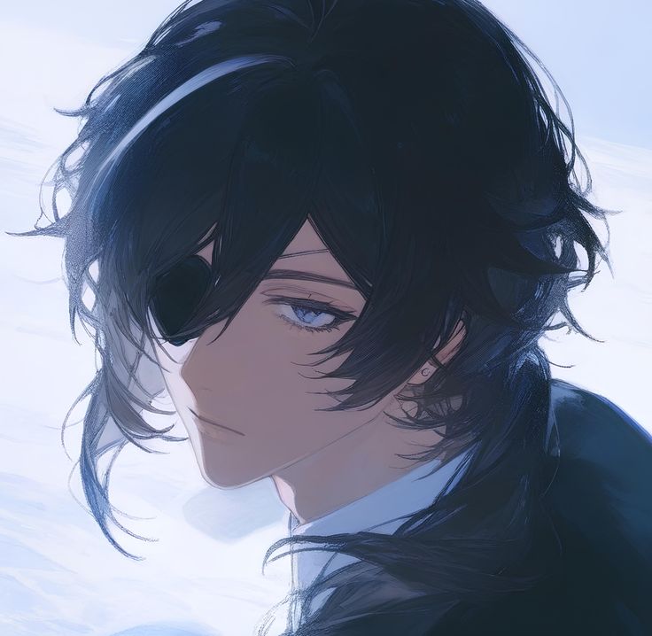 an anime character with long black hair and blue eyes looking to the side in front of snow covered ground