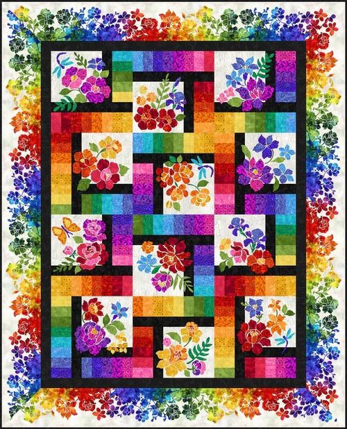 a colorful quilt with flowers on it