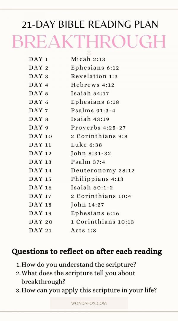 the 21 day bible reading plan is shown in pink and white, with words above it