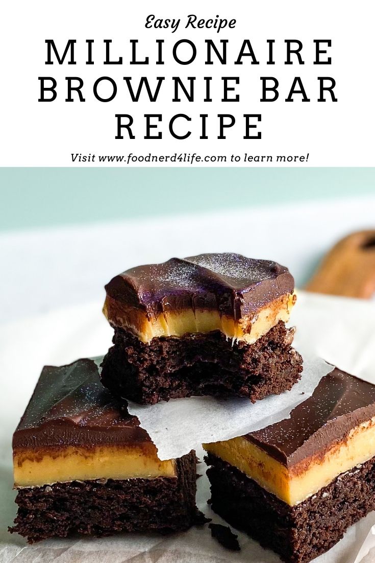 three brownie bars stacked on top of each other with the title text overlay