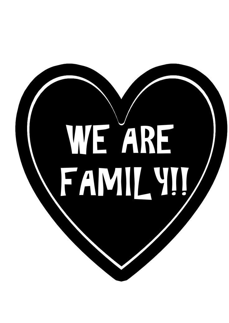 we are family heart sticker in black and white with the words we are family written on it