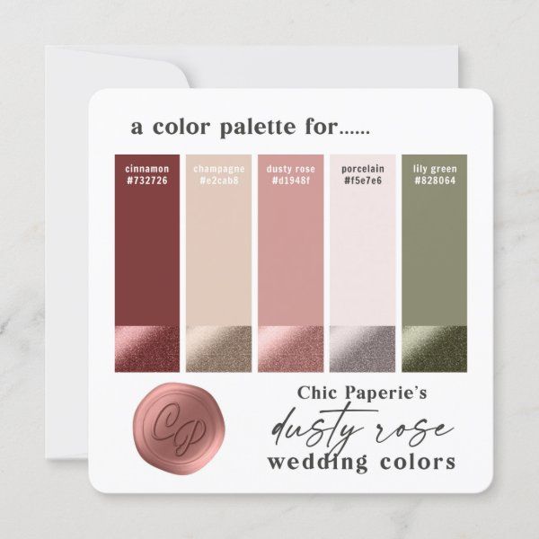 a card with the color palette for chic paperie's misty rose wedding colors