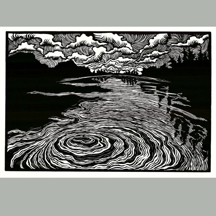 a black and white drawing of clouds over water with the sky reflected in the water