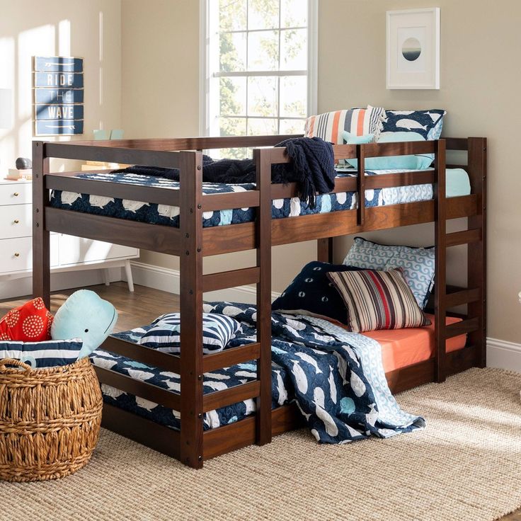 a bunk bed sitting next to a window in a bedroom on top of a rug