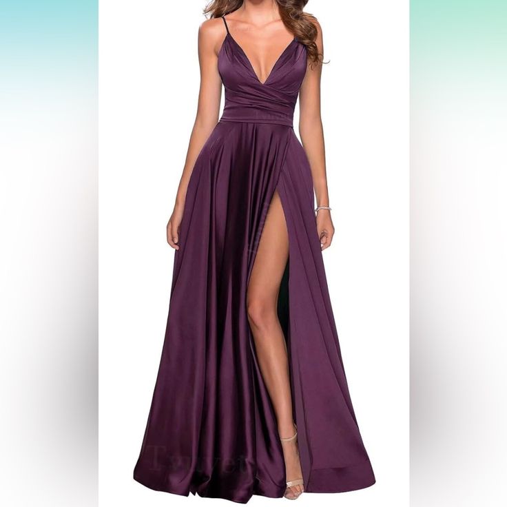 Brand New Size 8 Grape Colored Dress Purple Satin V-neck Maxi Dress, Purple Lined Dress For Date Night, Purple V-neck Lined Dress, Purple Lined Evening Dress, Lined Purple Evening Dress, Purple Lined Dress For Evening, Lined Purple Dress For Evening, Dark Purple Bridesmaid Dresses Long, Purple Elegant Dresses