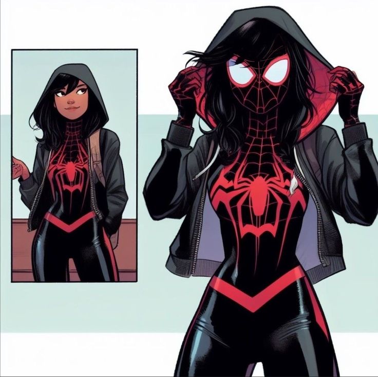 a woman in black and red spider - man costume with hoodie over her head