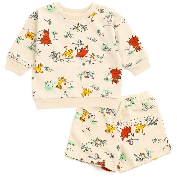 Give your little one the gift of Disney magic with this cute and stylish Disney outfit! This comfy sweatshirt and shorts set features an easy-to-dress pullover design and colorful artwork of your kid's favorite Disney characters. Watch your kid go on adventures with iconic characters like Mickey Mouse, Goofy, Donald Duck, and Pluto; Winnie the Pooh; Jack Skellington from Nightmare Before Christmas; Simba, Timon and Pumbaa from The Lion King; and Woody, Buzz Lightyear, Rex, Slinky Dog, and the li Memphis Outfits, Toddler Disney Outfit, Kids Disney Outfits, Lion King Toys, Slinky Dog, Disney With A Toddler, Timon And Pumbaa, Disney Toddler