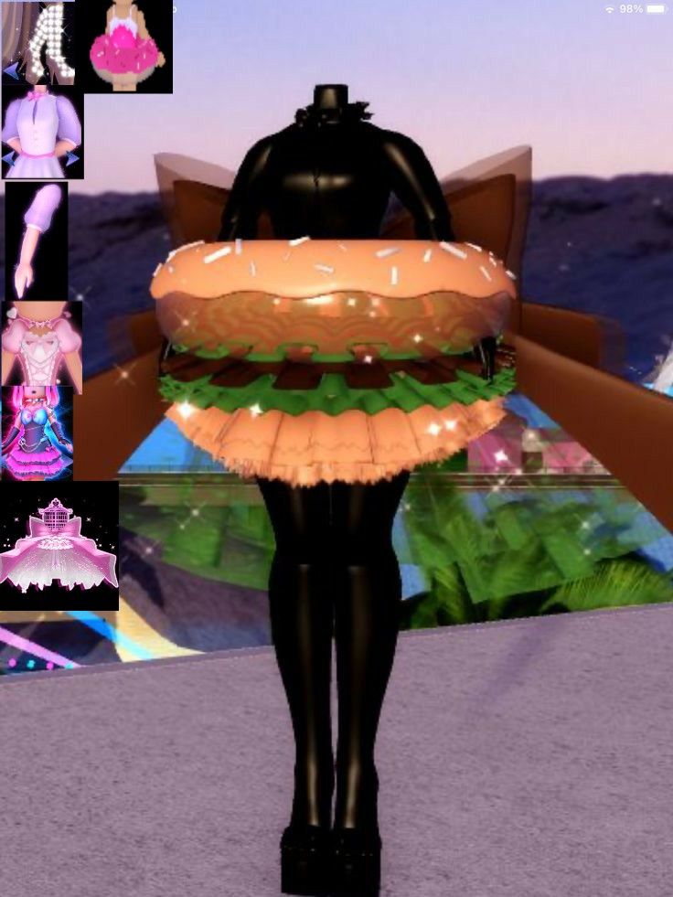 an animated image of a woman in tights holding a large hamburger costume on her chest