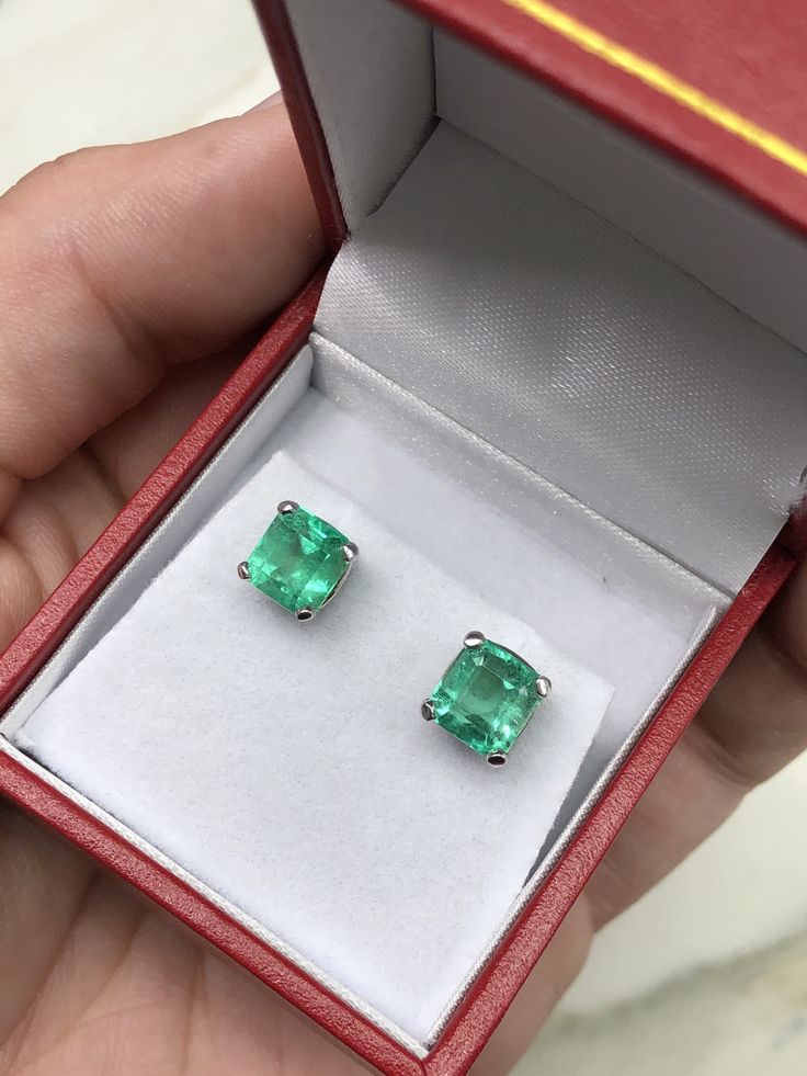 A classic pair of Asscher-cut green natural Colombian emerald gold studs 14K white gold. These earrings feature two lively, natural Colombian emeralds that are handset in a single four-prong setting. These stones were sourced by the best emerald mine in the world known as Chivor. They are comfortable to wear and come with secure back pieces. (Exceptional in color and style!) No two emeralds are perfectly alike, one emerald is slightly larger than the other. Embrace uniqueness :D Setting Style: S Emerald Cut Green Sterling Silver Earrings, Formal Emerald Earrings With Prong Setting, Luxury Green Emerald-cut Earrings, Fine Jewelry Emerald Cut Diamond Earrings, Emerald Cut Diamond Fine Jewelry Earrings, White Gold Octagon Earrings For Gift, Emerald Cut Diamond Earrings Fine Jewelry, Green Octagon Diamond-cut Jewelry, Green Octagon Diamond Cut Jewelry