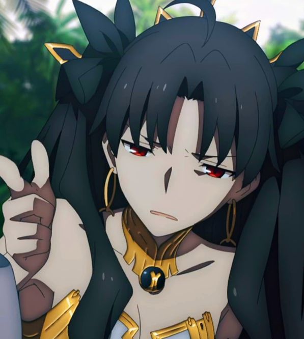 an anime character with long black hair and gold jewelry giving the thumbs up while standing in front of trees