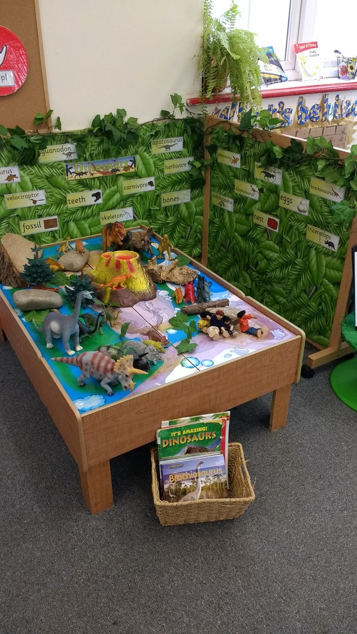 an indoor play area with toys and books on the floor in front of green leafy walls