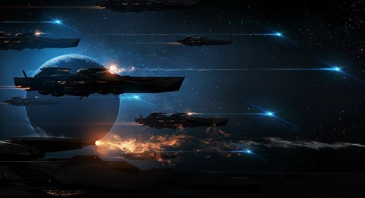 a group of spaceships flying through the night sky with stars and planets in the background