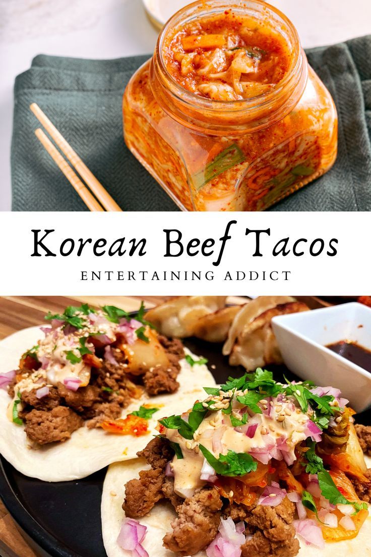 korean beef tacos on a plate with chopsticks and dipping sauce in a jar