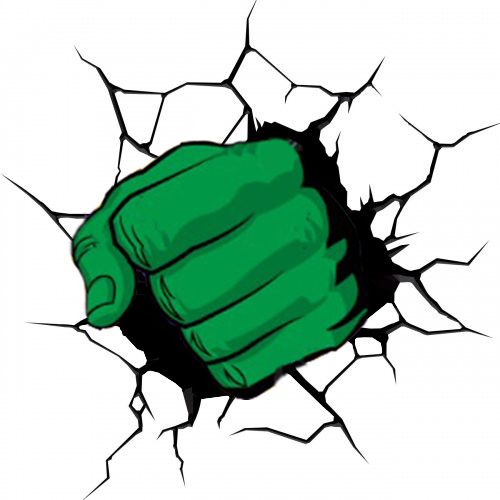 a green fist is breaking through the wall